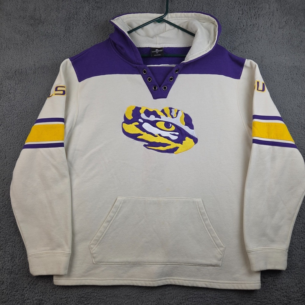 LSU Tigers Mens Hoodie Extra Large Cream Purple Gold Lace Up Embroidered NCAA
